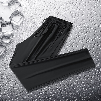 M-8XL Pantaloni de vară subțiri din mătase de gheață pentru bărbați, stil lejer, îmbrăcăminte de lucru, ocazional, cu uscare rapidă, pantaloni de sport, lungi, respirabili, elasticitate ridicată