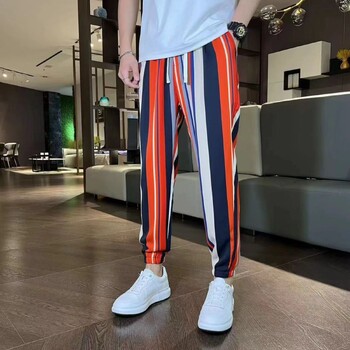 Мъжки панталони Summer Ice Silk Color Bare Men Pants Contrast Colors Loose Loose Baggy Match Top Trousers Мъжки панталони с еластична талия