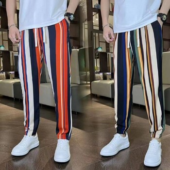 Мъжки панталони Summer Ice Silk Color Bare Men Pants Contrast Colors Loose Loose Baggy Match Top Trousers Мъжки панталони с еластична талия