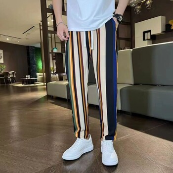 Мъжки панталони Summer Ice Silk Color Bare Men Pants Contrast Colors Loose Loose Baggy Match Top Trousers Мъжки панталони с еластична талия