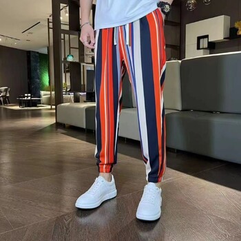 Мъжки панталони Summer Ice Silk Color Bare Men Pants Contrast Colors Loose Loose Baggy Match Top Trousers Мъжки панталони с еластична талия