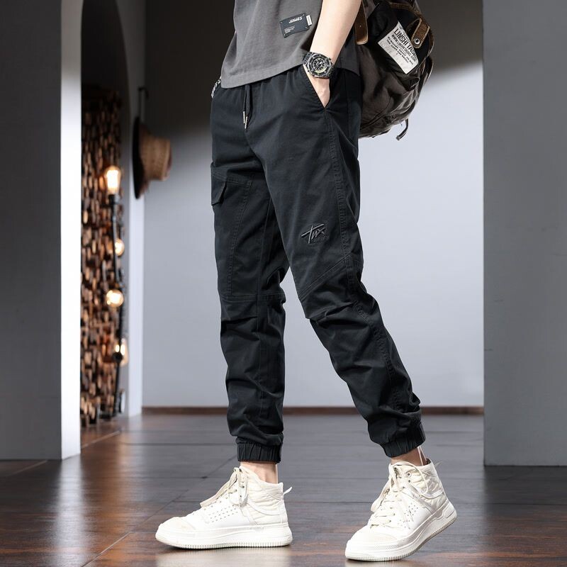 Moda de primăvară, toamnă, velur, îmbrăcăminte solidă pentru bărbați, cu talie elastică, buzunare pentru picioare, în stil subțire coreean, pantaloni casual cu șnur