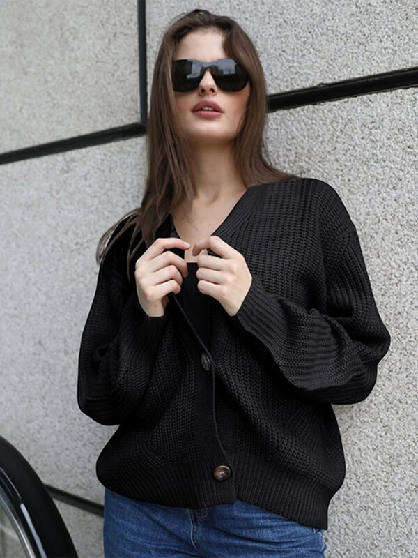 Cardigan tricotat ocazional pentru femei, cu decolteu în V, îngroșat, cu mânecă lungă, pulover, haină 2024, toamnă iarnă, îmbrăcăminte de stradă pentru femei