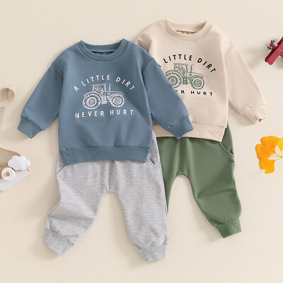 2024-05-27 Lioraitiin Baby Boy rudens tērpi ar garām piedurknēm, traktora burtu apdruka, topi + bikšu komplekts mazuļiem, siltas ziemas drēbes