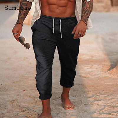 2024 Ανδρική μόδα Leisure Βαμβακερό λινό παντελόνι Μασίφ χακί παντελόνι μέχρι τον αστράγαλο σε συν μέγεθος Ανδρικό καθημερινό παντελόνι με κορδόνια