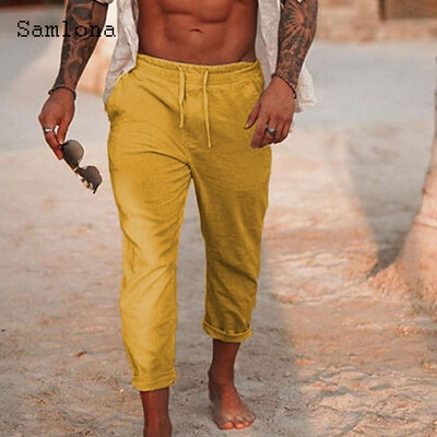 2024 Ανδρική μόδα Leisure Βαμβακερό λινό παντελόνι Μασίφ χακί παντελόνι μέχρι τον αστράγαλο σε συν μέγεθος Ανδρικό καθημερινό παντελόνι με κορδόνια