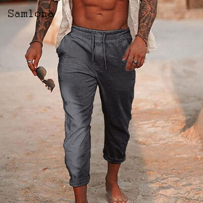 2024 Ανδρική μόδα Leisure Βαμβακερό λινό παντελόνι Μασίφ χακί παντελόνι μέχρι τον αστράγαλο σε συν μέγεθος Ανδρικό καθημερινό παντελόνι με κορδόνια