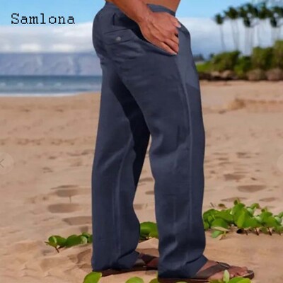 2024 Ανδρική μόδα Leisure Βαμβακερό λινό παντελόνι Μασίφ χακί παντελόνι μέχρι τον αστράγαλο σε συν μέγεθος Ανδρικό καθημερινό παντελόνι με κορδόνια