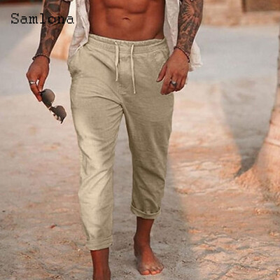 2024 Ανδρική μόδα Leisure Βαμβακερό λινό παντελόνι Μασίφ χακί παντελόνι μέχρι τον αστράγαλο σε συν μέγεθος Ανδρικό καθημερινό παντελόνι με κορδόνια