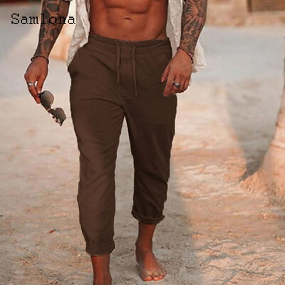 2024 Ανδρική μόδα Leisure Βαμβακερό λινό παντελόνι Μασίφ χακί παντελόνι μέχρι τον αστράγαλο σε συν μέγεθος Ανδρικό καθημερινό παντελόνι με κορδόνια