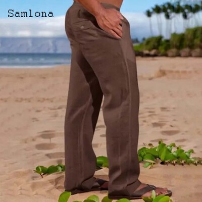 2024 Ανδρική μόδα Leisure Βαμβακερό λινό παντελόνι Μασίφ χακί παντελόνι μέχρι τον αστράγαλο σε συν μέγεθος Ανδρικό καθημερινό παντελόνι με κορδόνια