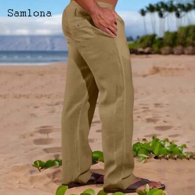 2024 Ανδρική μόδα Leisure Βαμβακερό λινό παντελόνι Μασίφ χακί παντελόνι μέχρι τον αστράγαλο σε συν μέγεθος Ανδρικό καθημερινό παντελόνι με κορδόνια