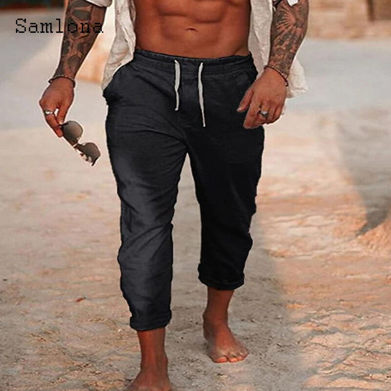 2024 Ανδρική μόδα Leisure Βαμβακερό λινό παντελόνι Μασίφ χακί παντελόνι μέχρι τον αστράγαλο σε συν μέγεθος Ανδρικό καθημερινό παντελόνι με κορδόνια