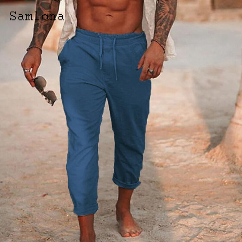 2024 Ανδρική μόδα Leisure Βαμβακερό λινό παντελόνι Μασίφ χακί παντελόνι μέχρι τον αστράγαλο σε συν μέγεθος Ανδρικό καθημερινό παντελόνι με κορδόνια