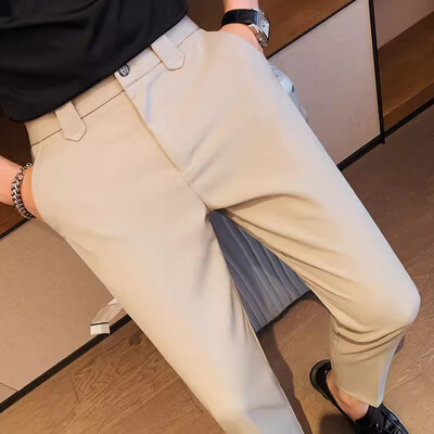 Muškarci, jednobojne odijelne hlače s elastičnim strukom, visokokvalitetne poslovne, ležerne, uske uredske hlače za društvene zabave, muška odjeća