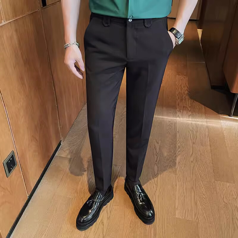 Muškarci, jednobojne odijelne hlače s elastičnim strukom, visokokvalitetne poslovne, ležerne, uske uredske hlače za društvene zabave, muška odjeća