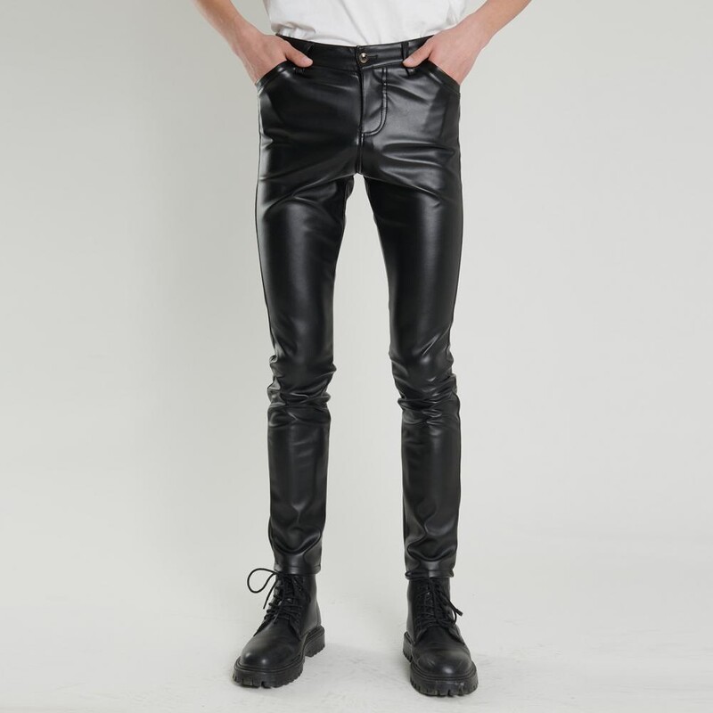 Pantaloni bărbați din piele artificială Pantaloni neted slim Fit buzunare talie mijlocie elastic moale pantaloni lungi de club pentru motociclete