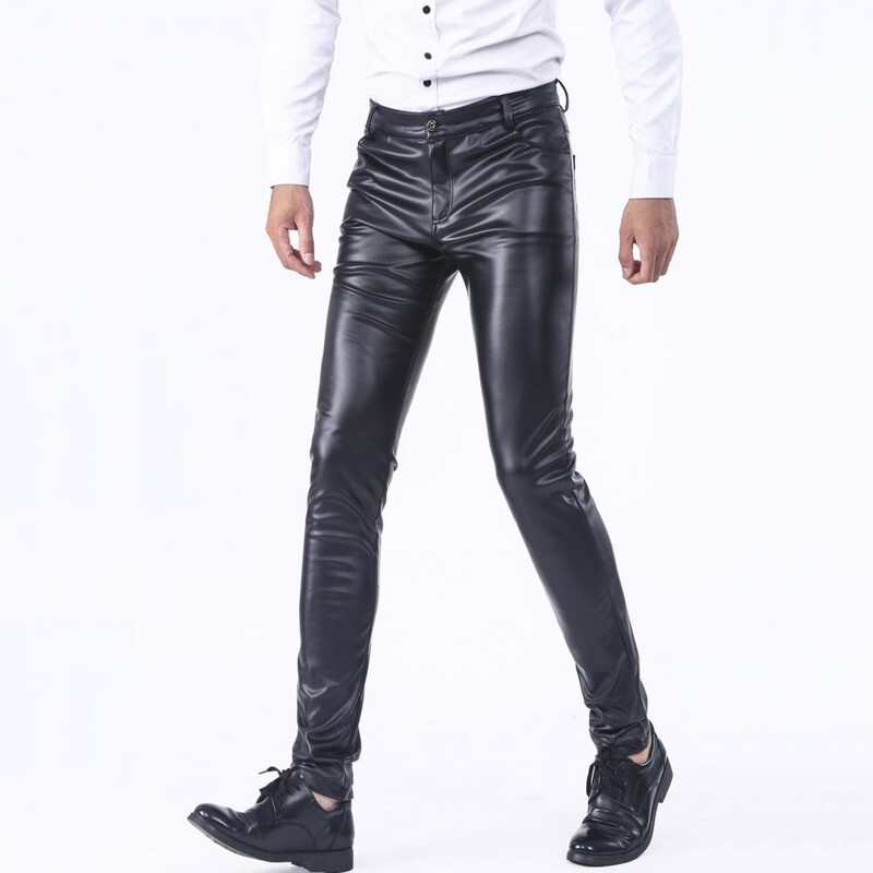 Pantaloni bărbați din piele artificială Pantaloni neted slim Fit buzunare talie mijlocie elastic moale pantaloni lungi de club pentru motociclete