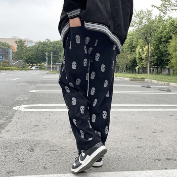 Skull Full Print Drawstring Casual Corduroy Mens Black Baggy Cargo Pants Hip Hop Straight Sweatpants Мъжки панталони Pantalon Homme