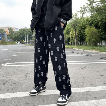 Skull Full Print Drawstring Casual Corduroy Mens Black Baggy Cargo Pants Hip Hop Straight Sweatpants Мъжки панталони Pantalon Homme