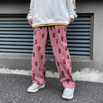 Skull Full Print Drawstring Casual Corduroy Mens Black Baggy Cargo Pants Hip Hop Straight Sweatpants Мъжки панталони Pantalon Homme