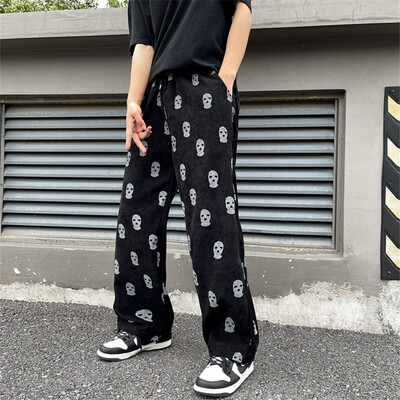 Skull Full Print húzózsinór Alkalmi kordbársony Férfi Fekete Baggy Cargo Nadrág Hip Hop Egyenes melegítőnadrág Férfi Nadrág Pantalon Homme