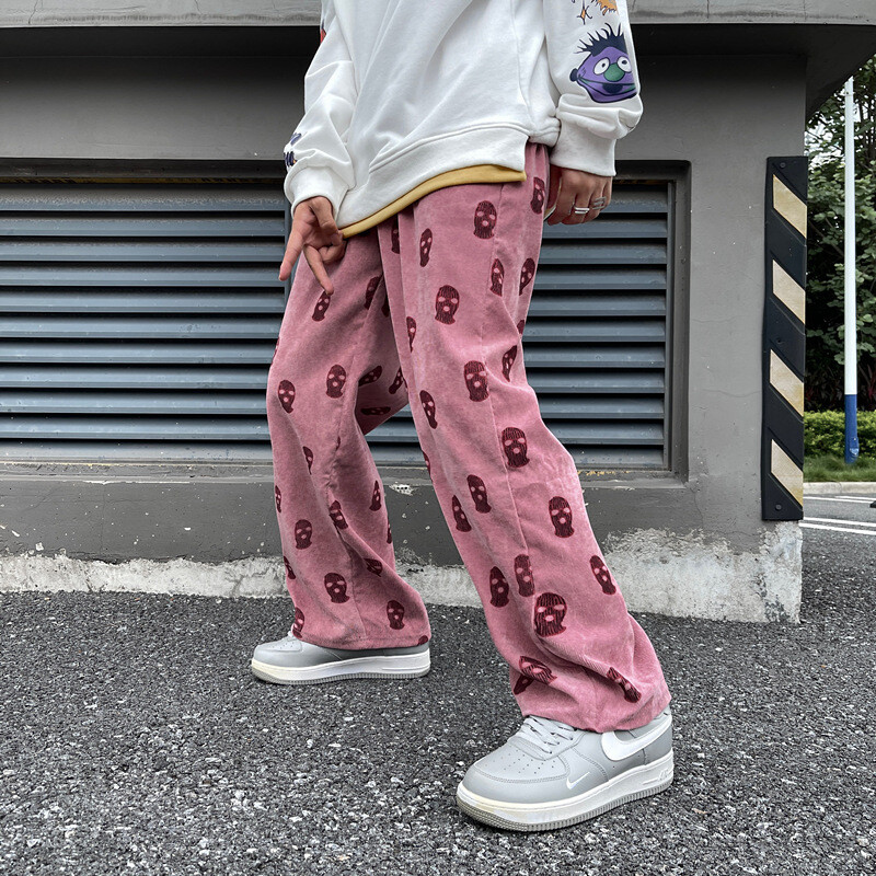 Skull Full Print Drawstring Casual Corduroy Muške crne široke Cargo hlače Hip Hop Ravne Trenirke Muške Hlače Pantalon Homme