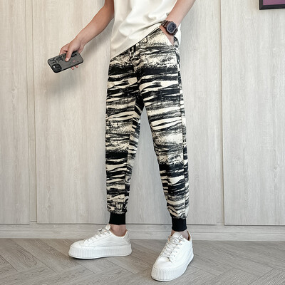 Vīriešu vasaras bikses korejiešu grezns apģērbs potītes garumā, šaurs pieguļošs svītrains skriešanas bikses vīriešiem visiem atbilst ērtas bikses vīrietim