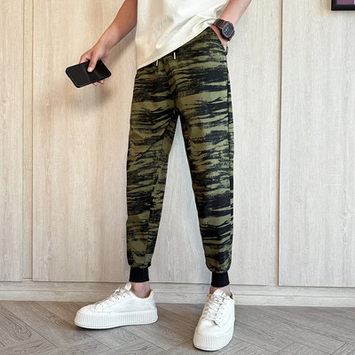 Vīriešu vasaras bikses korejiešu grezns apģērbs potītes garumā, šaurs pieguļošs svītrains skriešanas bikses vīriešiem visiem atbilst ērtas bikses vīrietim