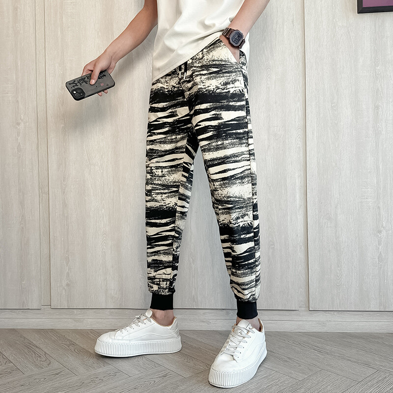 Vīriešu vasaras bikses korejiešu grezns apģērbs potītes garumā, šaurs pieguļošs svītrains skriešanas bikses vīriešiem visiem atbilst ērtas bikses vīrietim