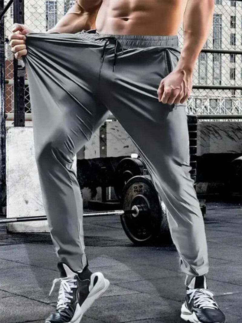 Pantaloni casual din mătase de gheață pentru bărbați, vară, cu uscare rapidă, cu aer condiționat, pantaloni largi, drepti, pantaloni sport cu elastic înalt, culoare solidă