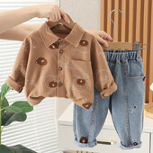 Pavasara rudens zēnu apģērbu komplekts ar pilnu apdruku Karikatūras lāča krekls + džinsi 2 gab. Uzvalks bērniem Bērnu apģērbs 1-5 gadus veciem bērniem