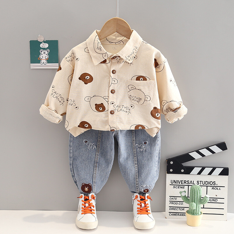 Pavasara rudens zēnu apģērbu komplekts ar pilnu apdruku Karikatūras lāča krekls + džinsi 2 gab. Uzvalks bērniem Bērnu apģērbs 1-5 gadus veciem bērniem