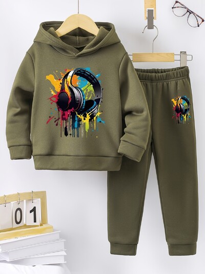 2 σετ Φθινόπωρο/Χειμώνας νέο casual comfort αθλητικό στυλ ζεστό αγόρι με στάμπα με φόδρα με κουκούλα και αθλητική φόρμα