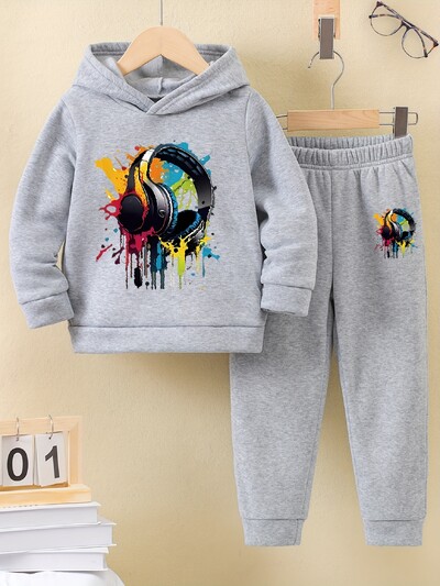 2 σετ Φθινόπωρο/Χειμώνας νέο casual comfort αθλητικό στυλ ζεστό αγόρι με στάμπα με φόδρα με κουκούλα και αθλητική φόρμα