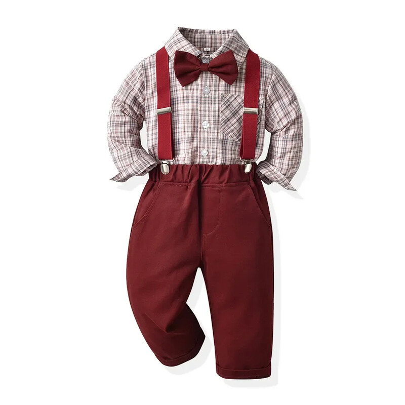 Set cămașă și pantaloni cu bretele pentru băieți de toamnă cu mânecă lungă în carouri Set pantaloni cu bretele băieți pentru băieți Pantaloni roșii cu bretele pentru băiat Cămașă din bumbac 70-160 cm