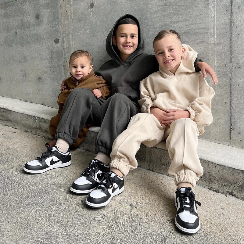 2023 copii fleece băieți fete haine cu glugă din bumbac solid cu mâneci lungi, pantaloni groși, costum pentru copii pentru ținute calde pentru adolescenți coreeni