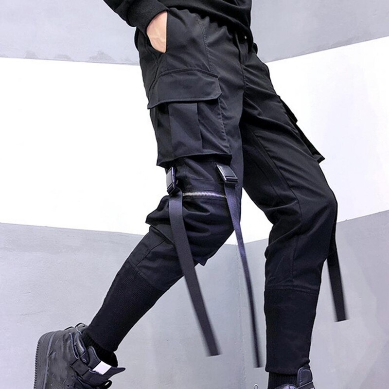 Streetwear Ribbons Τσέπες Harem Ανδρικό παντελόνι μονόχρωμο, χαλαρό σκούρο στυλ, με λουράκι στον αστράγαλο Cargo Slim Hip Hop μαύρο ανδρικό μολύβι παντελόνι