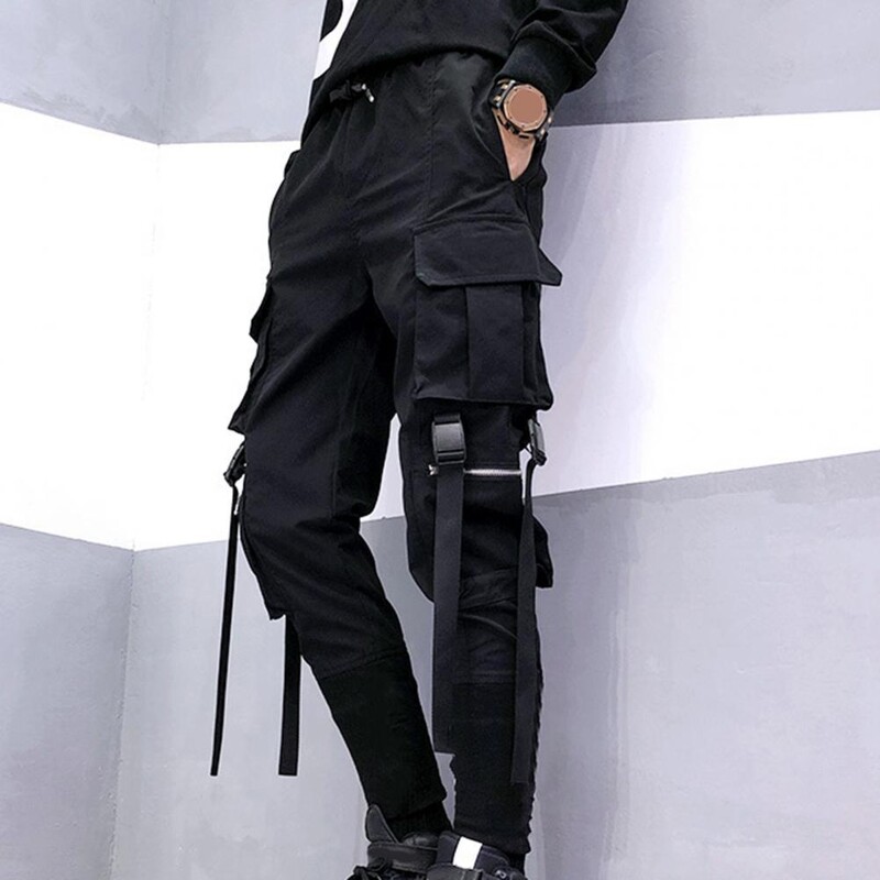 Streetwear Ribbons Τσέπες Harem Ανδρικό παντελόνι μονόχρωμο, χαλαρό σκούρο στυλ, με λουράκι στον αστράγαλο Cargo Slim Hip Hop μαύρο ανδρικό μολύβι παντελόνι