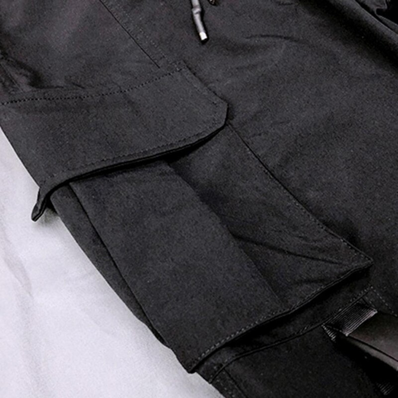 Streetwear Ribbons Τσέπες Harem Ανδρικό παντελόνι μονόχρωμο, χαλαρό σκούρο στυλ, με λουράκι στον αστράγαλο Cargo Slim Hip Hop μαύρο ανδρικό μολύβι παντελόνι