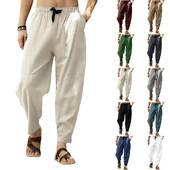 Ανδρικό καθημερινό βαμβακερό λινό παντελόνι Καλοκαιρινό λεπτό παντελόνι μολύβι που αναπνέει μονόχρωμο Ανδρικό παντελόνι με πολλές τσέπες μέχρι τον αστράγαλο