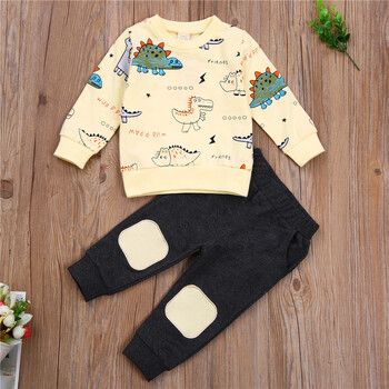 Μακρυμάνικο φούτερ 1-4 ετών Baby Boys Dinosaur Outfits Παντελόνι Dinosaur Print Ribbed Boys Ανοιξιάτικο φθινοπωρινό σετ ρούχων