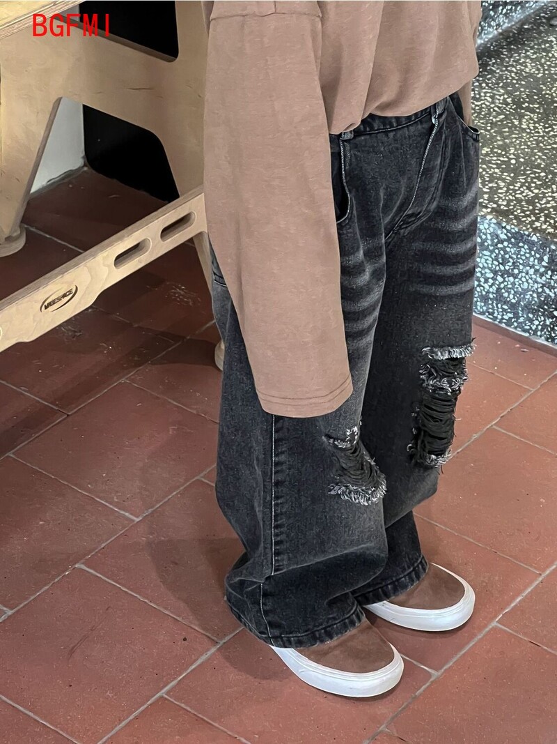 2-9G Girl Boys Brīvi Ikdienas Džinsi Pavasaris un Rudens Jauni Bērnu Vintage Hole Garas Bikses Bērni Zēni Melnas Bikses ar taisnām kājām