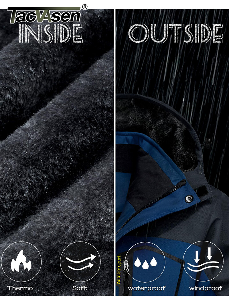 TACVASEN Fleece Μπουφάν πεζοπορίας Ανδρικά αδιάβροχα μπουφάν για Snowboard Ski Αφαιρούμενα μπουφάν με κουκούλα Μπουφάν βροχής Parka Winter outwear