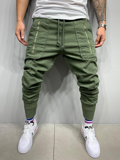 Cargo Püksid Meeste 2021 Hip Hop Tänavarõivad Puuvillane mood vabaaja mitme taskuga lukuga pliiatsipüksid Meeste Rohelised Joggers dressipüksid