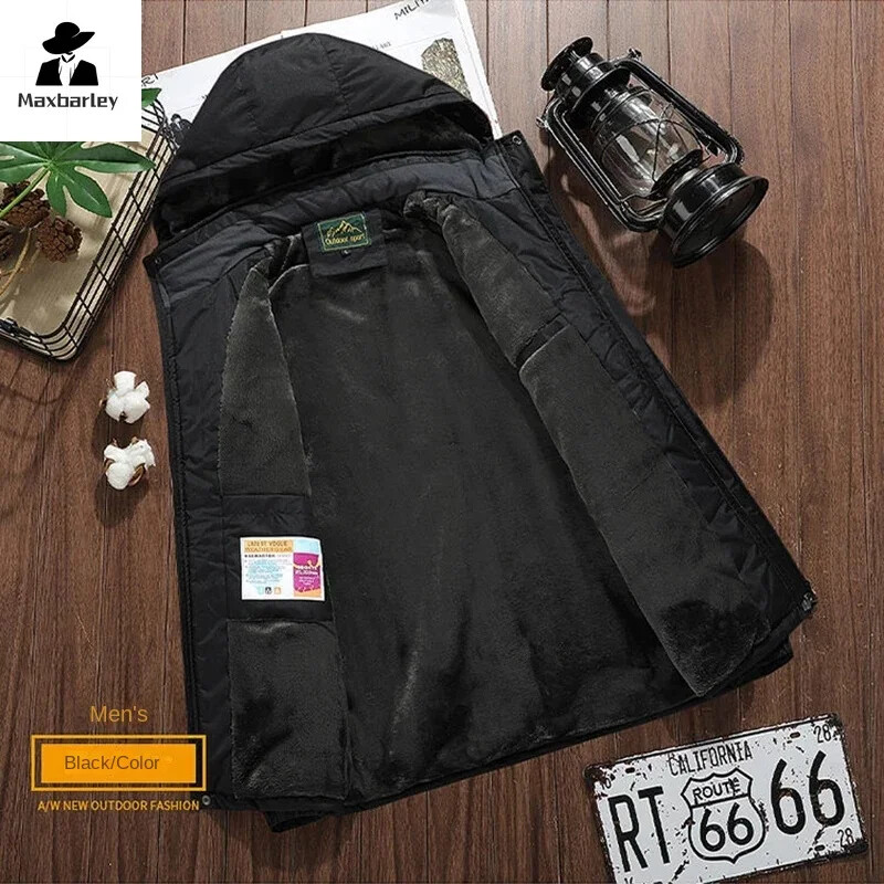 Zimska jakna od flisa, muška, ležerna, topla, podstavljena pamučna jakna, muška modna jakna s kapuljačom, vanjski kaput otporan na vjetar, parke, velika veličina