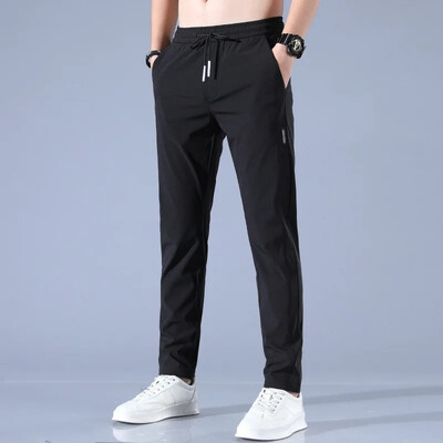 Pantaloni bărbați din mătase de gheață 2023, vară, negru, gri, subțiri, ocazional, pantaloni de sport cu picior drept, elastici în aer liber, respirabili