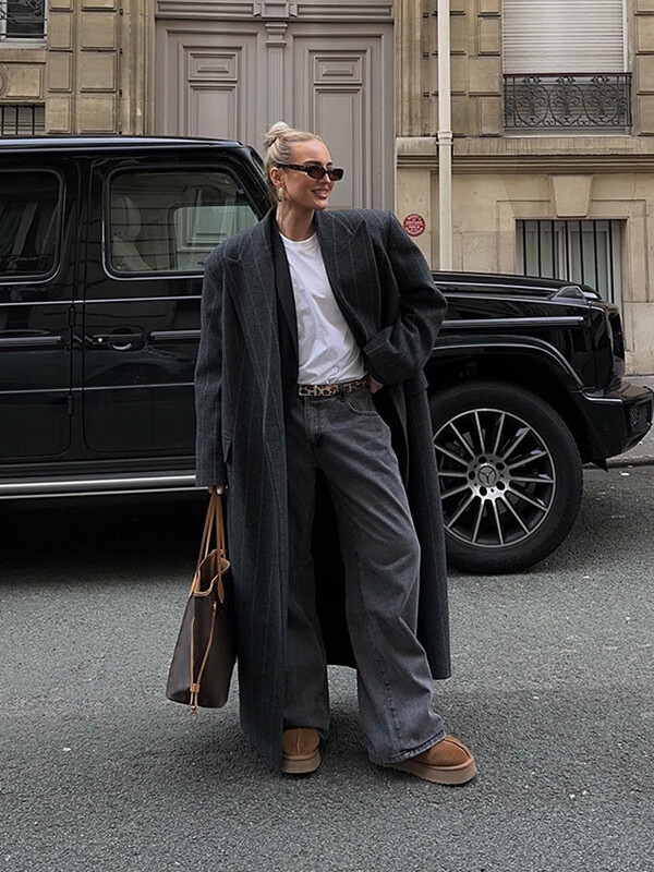 Femei Toamnă Iarnă Dungi Pardesiu largi cu rever cu mâneci întregi Manecă lungă supradimensionată Moda doamnă pentru navetă Îmbrăcăminte pe stradă