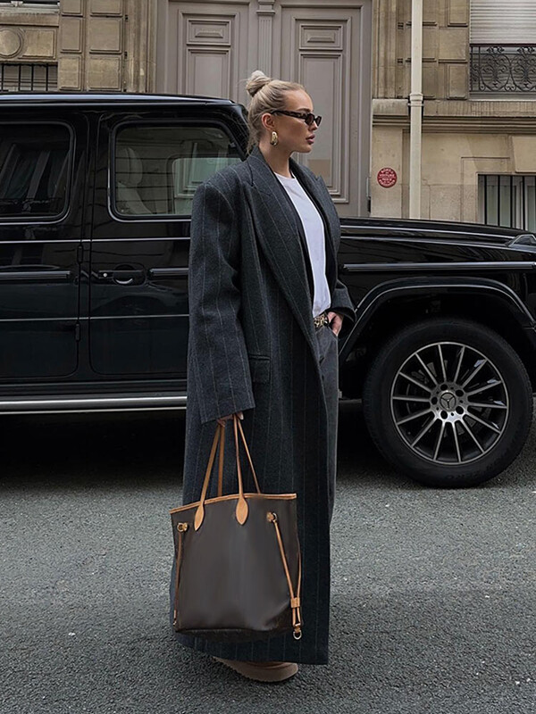 Femei Toamnă Iarnă Dungi Pardesiu largi cu rever cu mâneci întregi Manecă lungă supradimensionată Moda doamnă pentru navetă Îmbrăcăminte pe stradă