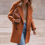 Elegantna ravna jakna s dvostrukim kopčanjem Modni ženski debeo vuneni kaputi Gornja odjeća Jesenski ženski kaput s urezanim ovratnikom dugih rukava